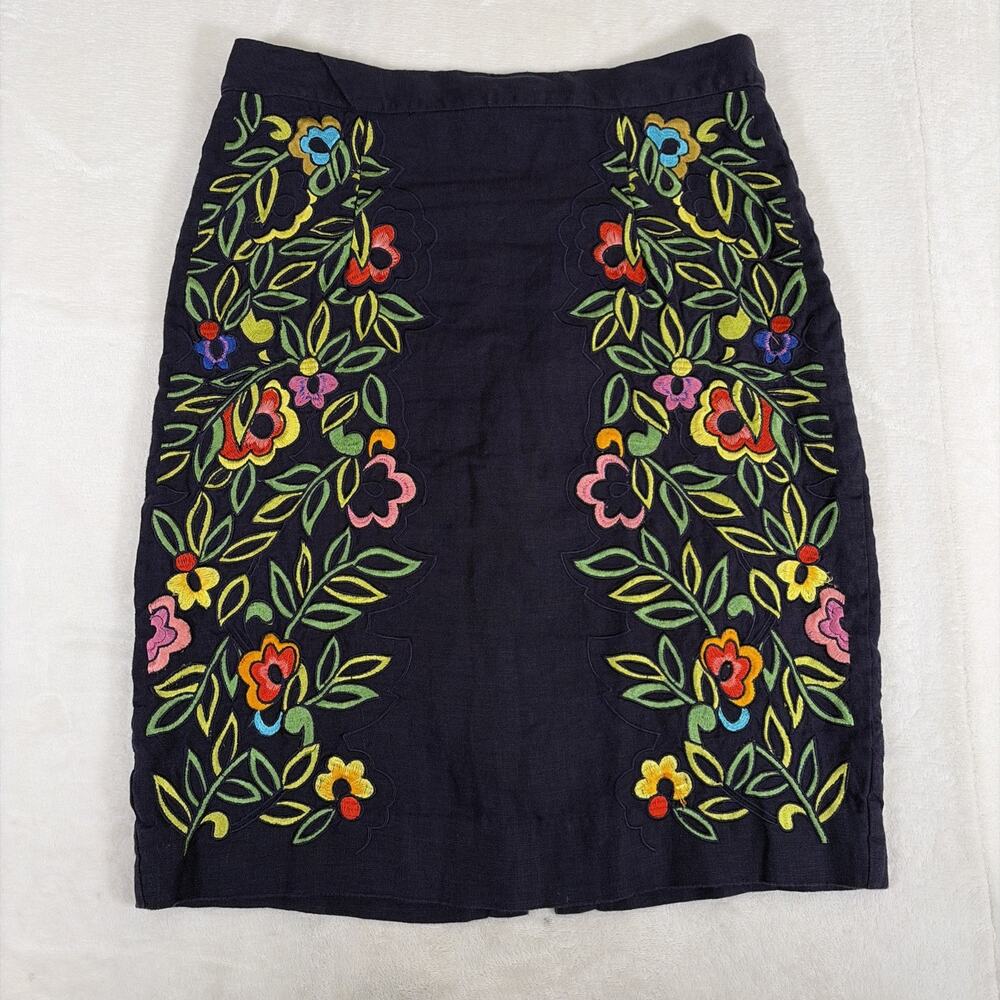 Anthropologie Moulinette Soeurs Women 6 Linen Clematis Skirt Floral Embroidery